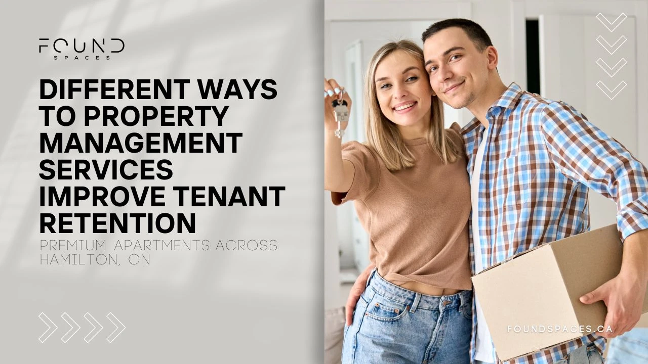 Young couple smiling and taking a selfie in a new apartment, with text promoting tenant management services.