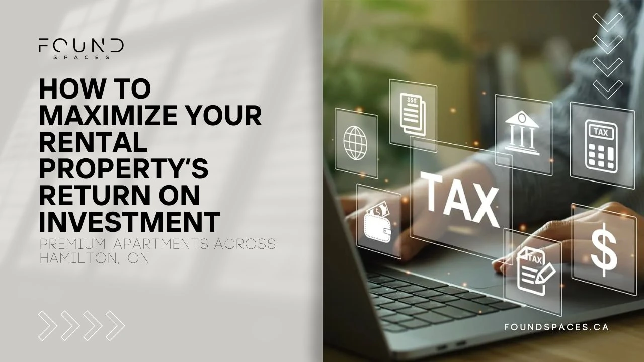 An advertisement for maximizing rental property returns, showcasing a laptop screen with tax and investment icons, and the text "how to maximize your rental property's return on investment".