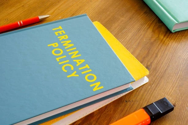 A blue binder labeled "Termination Policy" is placed on a wooden desk, surrounded by a red pen, a yellow folder, and a book—essential tools for property managers to ensure efficient operations.