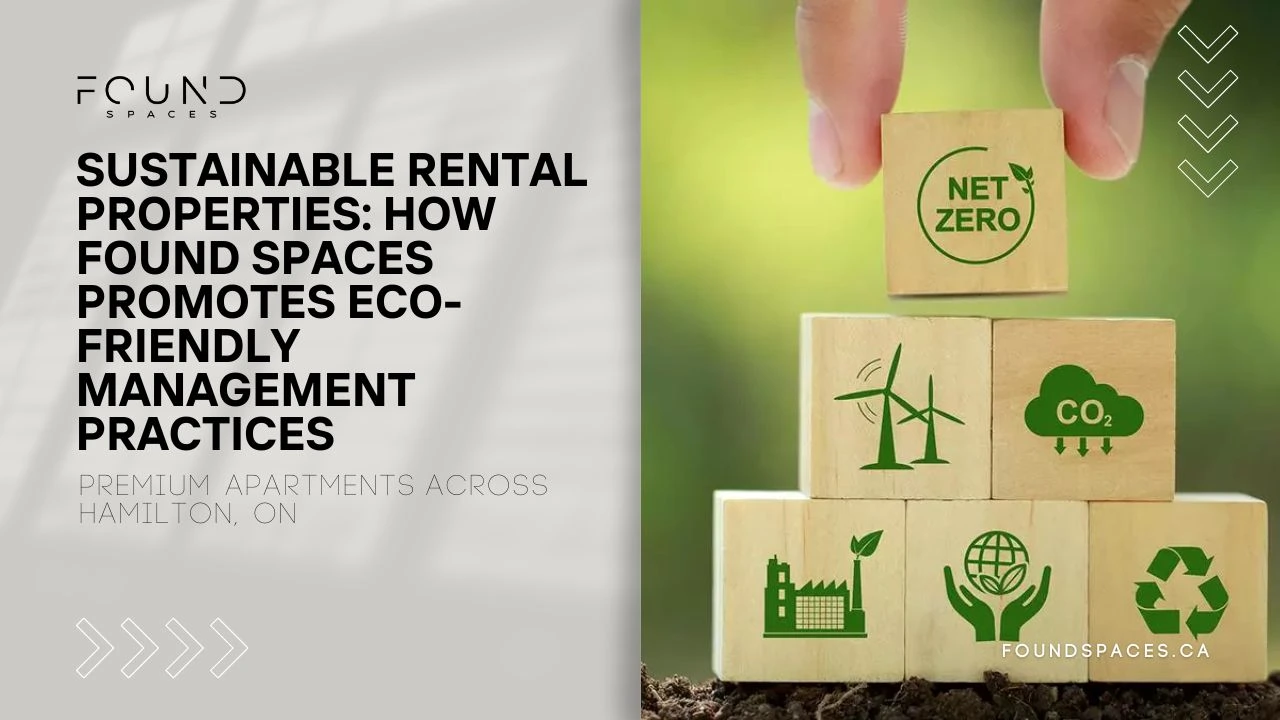 Hand stacking wooden blocks with eco-friendly icons, including “net zero” and green energy symbols, with text about sustainable property management.
