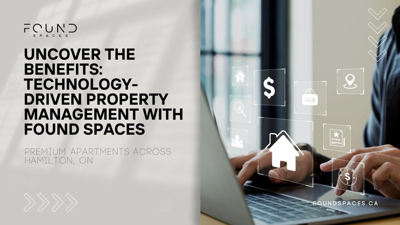 Advertisement for found spaces highlighting benefits of technology-driven property management, featuring a laptop screen with real estate icons and a website url.