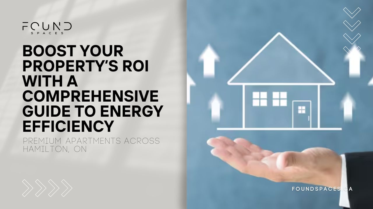 A businessman's hand presenting a floating digital house graphic with upward arrows and text about boosting property roi through energy efficiency.