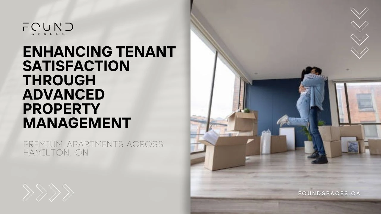 A couple hugging joyfully in a new apartment surrounded by moving boxes, with text promoting tenant satisfaction through advanced property management.