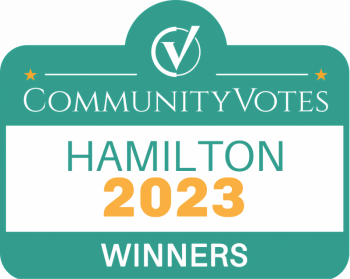 Logo for communityvotes hamilton 2023, featuring a teal and white design with a checkmark and the word "best property management company" highlighted.