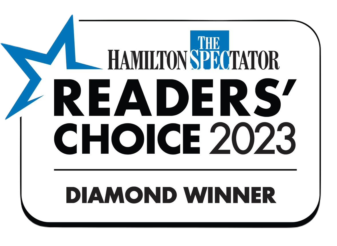 Logo of "The Hamilton Spectator Readers' Choice 2023" featuring a blue star, and text declaring the title of Diamond Winner for Best Property Management Company.