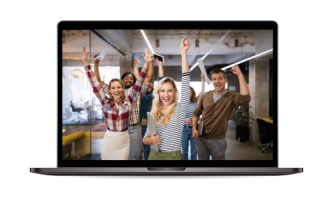 A group of four people enthusiastically celebrating while facing the camera, possibly due to a successful deal in property management with Hamilton. They are indoors, and the scene is visible on a laptop screen.