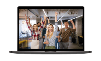 A group of four people enthusiastically celebrating while facing the camera, possibly due to a successful deal in property management with Hamilton. They are indoors, and the scene is visible on a laptop screen.