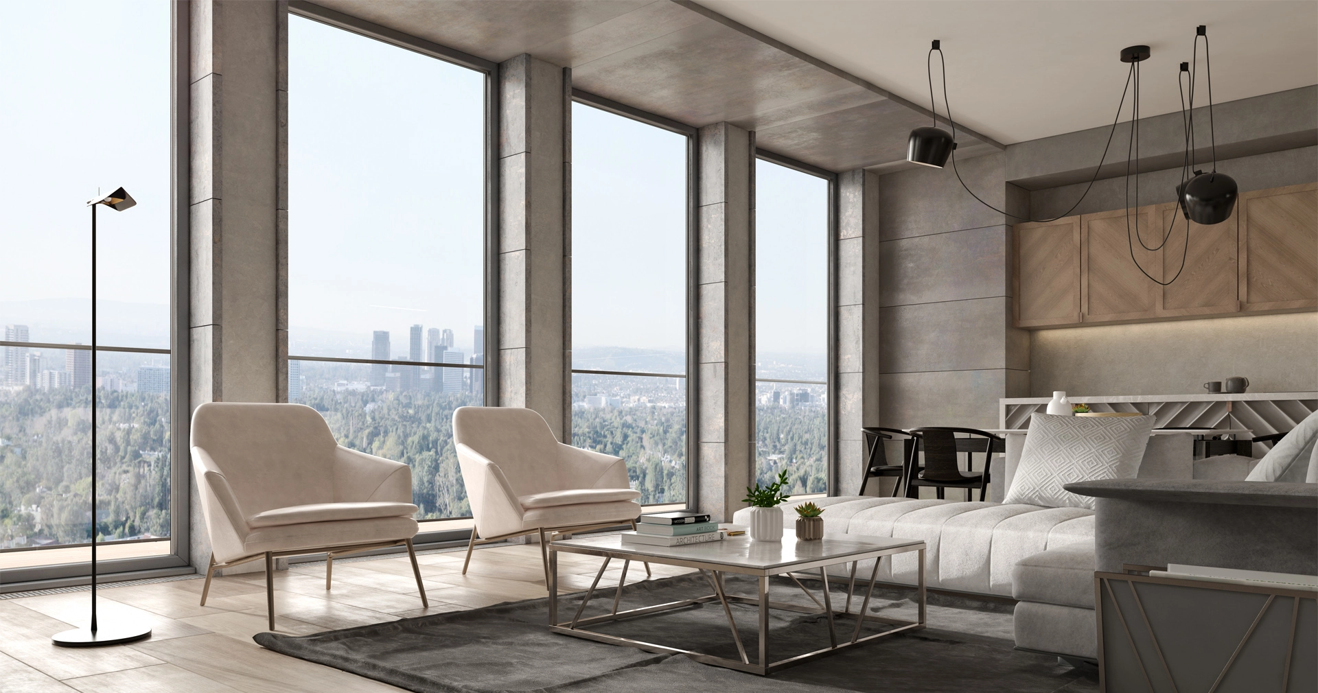 A living room with large windows overlooking a city.