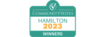 Badge reading "best property management company communityvotes hamilton 2023 winners" with a green checkmark on a white and green gradient background.