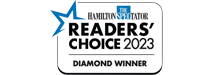 Logo of the "best property management company 2023 diamond winner" award by the Hamilton Spectator featuring a blue star graphic.