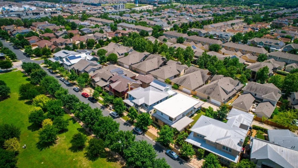 An aerial view of a sustainable residential neighborhood.