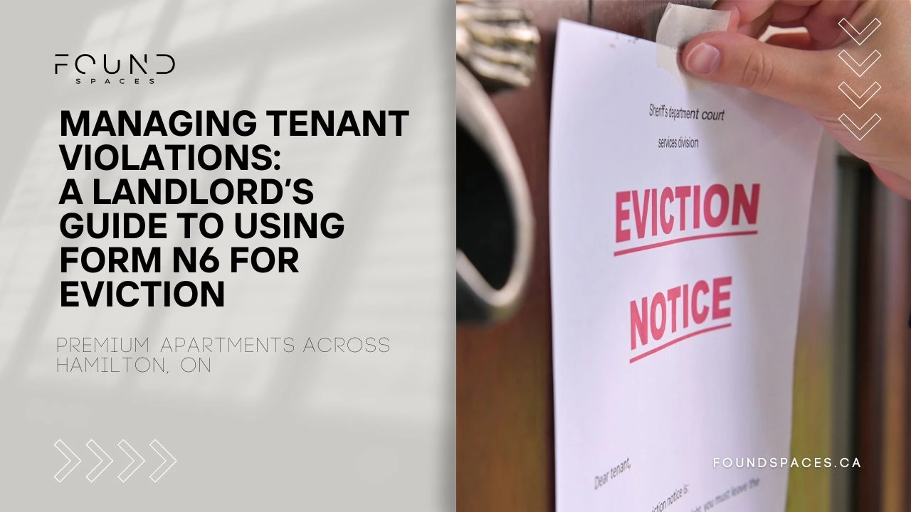 A person's hand holding an eviction notice, with a text overlay about a landlord's guide to using form n6 for eviction.