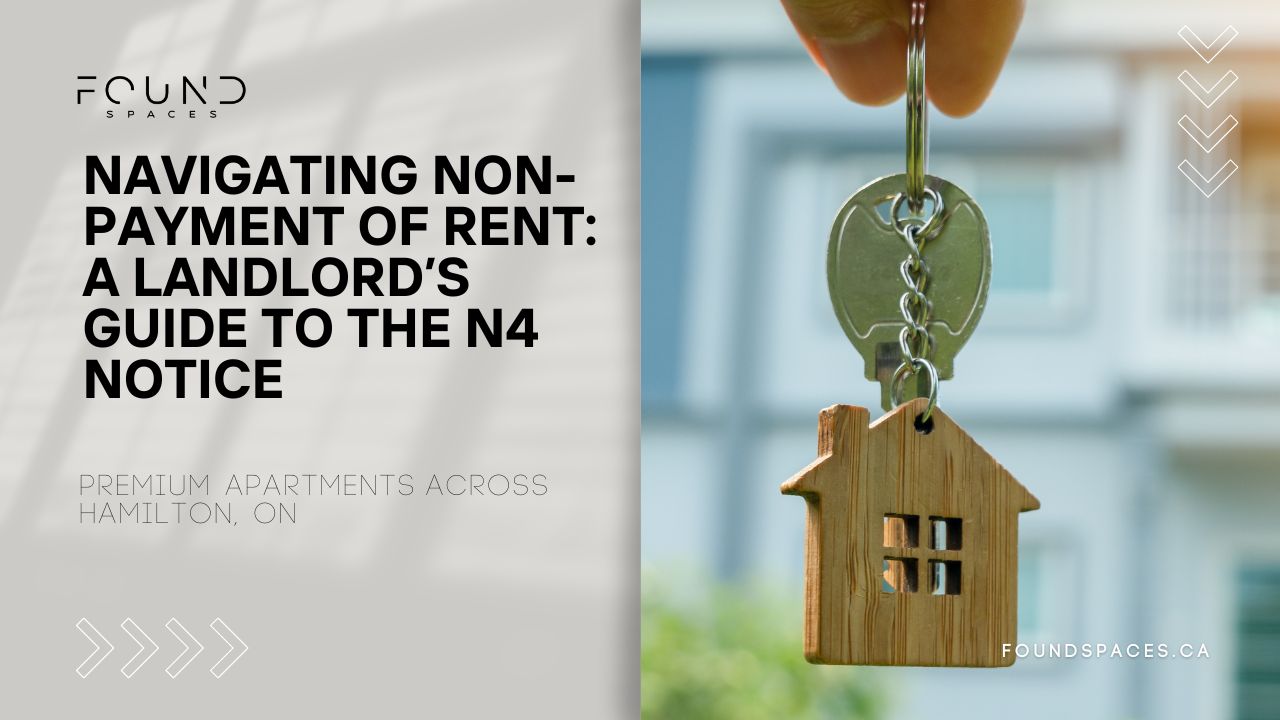 Hand holding a keychain with a wooden house pendant, with text about a landlord's guide to premium apartments in hamilton, ontario on the left side.