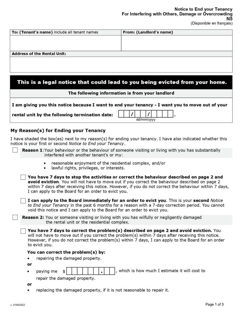 An N5 Notice for ending Tenancy
