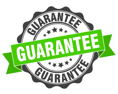 Graphic of a circular property management guarantee seal in gray with a green banner across the middle reading "guarantee" in bold, white letters.