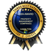 An illustrated award badge featuring blue and gold colors with text that reads "three best rated - top 3 property management companies - hampton" on a blue ribbon and star accents.