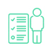 Icon depicting a person standing next to a leasing services checklist on a clipboard, all in teal lines on a white background.