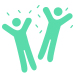 Two green stick figure icons with arms raised, appearing to cheer or celebrate the success of their leasing services, surrounded by small lines indicating movement.