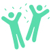 Two green stick figure icons with arms raised, appearing to cheer or celebrate the success of their leasing services, surrounded by small lines indicating movement.
