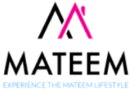 Logo of "mateem" featuring stylized mountain peaks in black and pink above bold black text, with the slogan "experience the leasing services lifestyle" below.