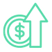 A mint green icon representing a dollar sign inside a circle, with an arrow pointing upwards, symbolizing financial growth or increase in leasing services.