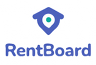 Logo of Rentboard Leasing Services, featuring a stylized house within a location pin above the word "rentboard" in blue font.