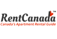 Logo of RentCanada featuring the text "rentcanada" in bold, gray letters, with a red maple leaf, accompanied by the tagline "Canada's apartment leasing services guide.