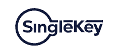 Logo of singlekey in blue text with stylized key graphic integrated into the letter "o".