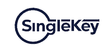 Logo of singlekey in blue text with stylized key graphic integrated into the letter "o".