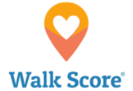 Logo of Walk Score, featuring an orange pin icon with a heart, above the stylized blue text "Walk Score Leasing Services.