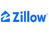 Logo of Zillow, featuring a blue font and a stylized blue house above the letter 'z', representing their leasing services.