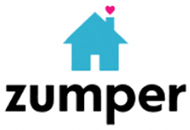 Logo of Zumper leasing services featuring a blue house icon with a pink heart above it, next to the black text "Zumper.