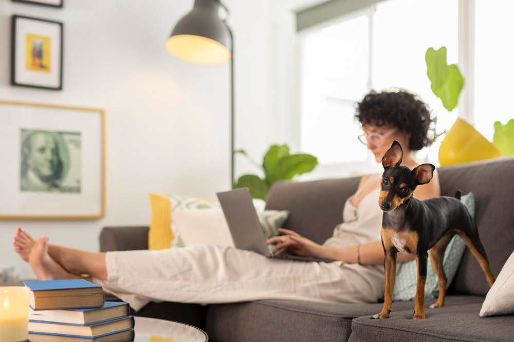 A person sits on a gray sofa working on a laptop, with a small dog standing alert on the sofa in their pet-friendly rental property. Books and a lit candle are on the coffee table.
