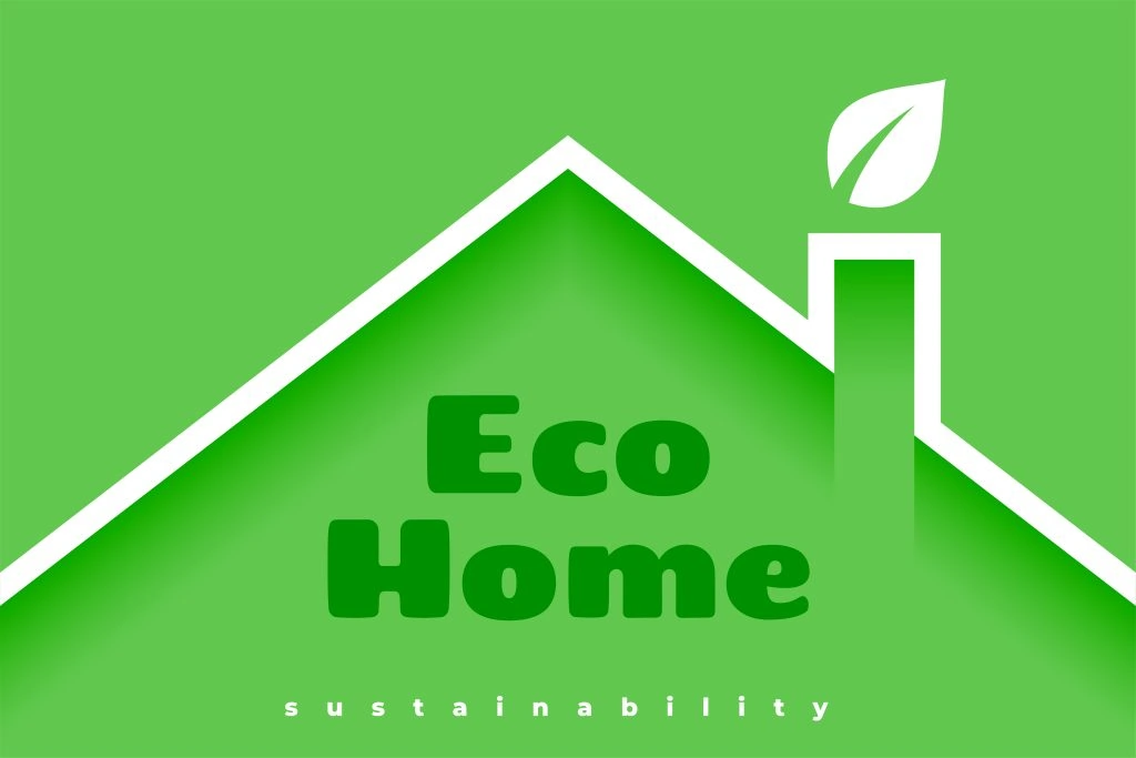 Green graphic of a house with the words "Eco Home" and "sustainability." A chimney is depicted with a leaf symbolizing eco-friendliness and green living.