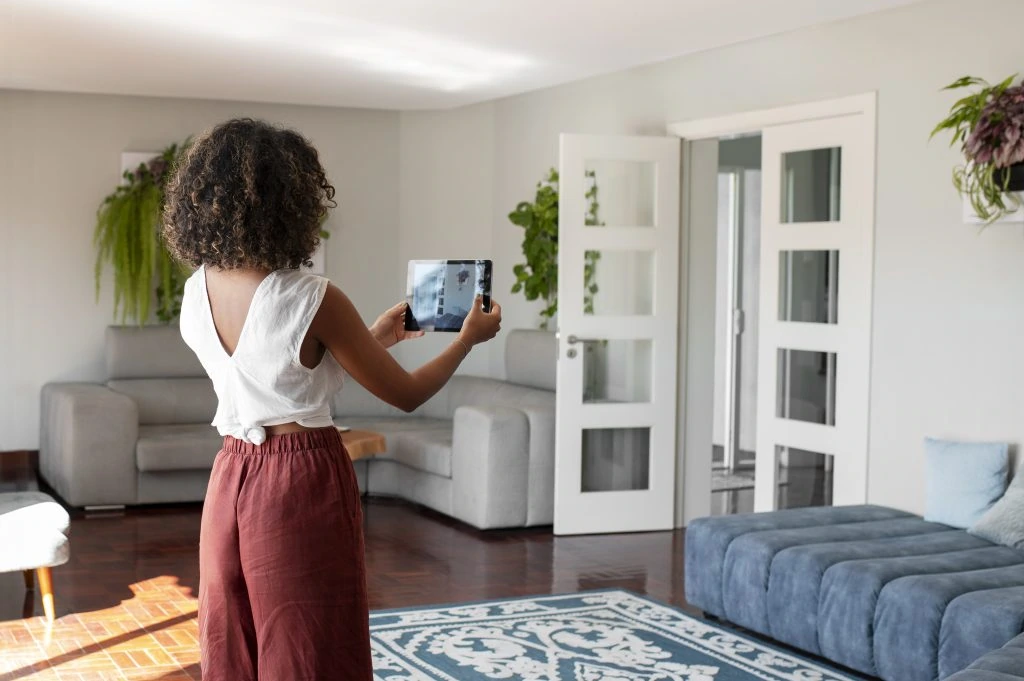 A person with curly hair stands in a living room holding a tablet. The room, featuring apartment amenities like a gray couch, blue ottoman, and plants, exudes comfort. They are capturing something with the tablet's camera.