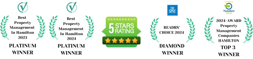 Image showcasing multiple award and certification icons, featuring three laurel wreaths with checkmarks, a "5 Stars Rating" badge, "The SEO" badge, and a plaque with "Trust Pilot" text and 5 stars. Highlighting the accolades of the Best Property Management in Hamilton.