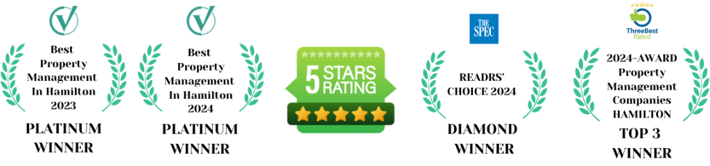 Icons of check marks and laurel branches surround a central "5 Stars Rating" badge, highlighting excellence in property management. Logos of The SPEO and Traveller Review affirm the prestige of Hamilton's top-rated services.