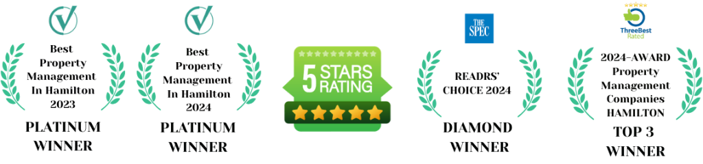 Icons of check marks and laurel branches surround a central "5 Stars Rating" badge, highlighting excellence in property management. Logos of The SPEO and Traveller Review affirm the prestige of Hamilton's top-rated services.
