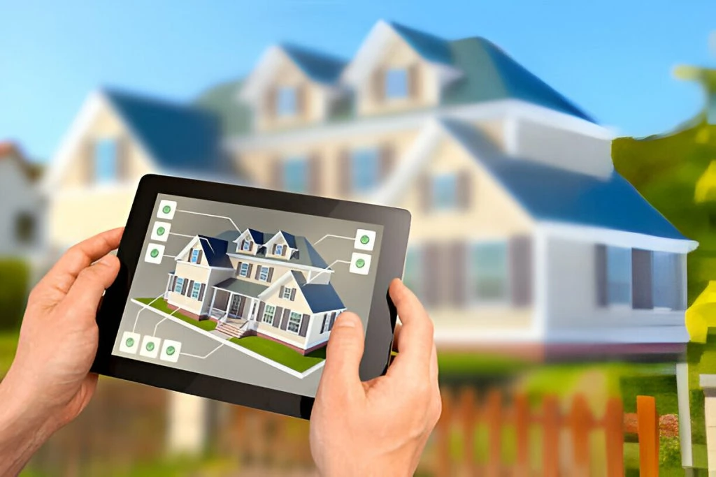 Hands holding a tablet displaying a virtual model of a house, with an actual house in the background. The tablet screen features various icons connected to different parts of the virtual house model, showcasing Smart Home Technology at work, property management rentals