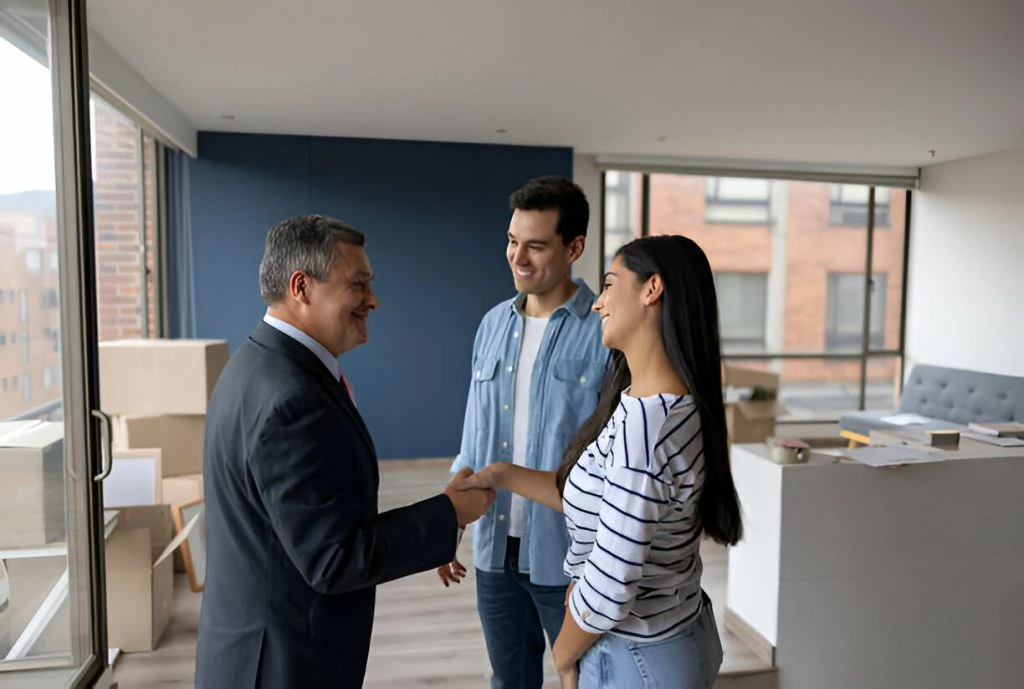 A man in a suit shakes hands with a woman in an apartment while another man, possibly indicating a landlord-tenant relationship, stands beside her, smiling.