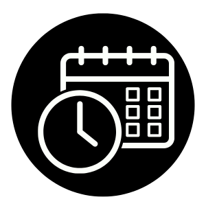 Icon of a calendar and clock, perfect for streamlining property management in Hamilton. The calendar features a grid of squares, while the clock displays time with short and long hands. Both elements are elegantly white on a black background.