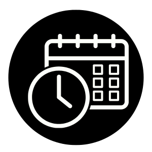 A calendar and clock icon representing scheduling or planning, ideal for the best property management in Hamilton. The calendar has a grid of squares, and the clock shows a generic time. The background is black, and the icons are white.