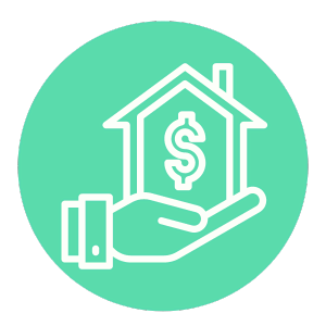 Icon of a hand holding a house with a dollar sign inside, symbolizing the Best Property Management in Hamilton, set against a green circular background.