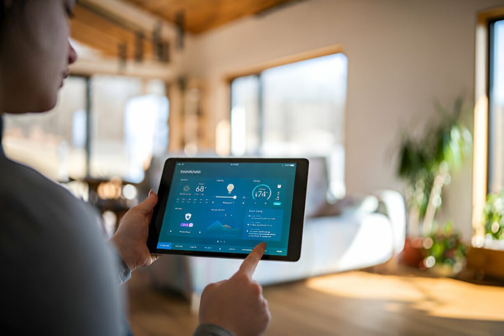 A person using a tablet to control smart home technology in a brightly lit room with large windows and indoor plants.