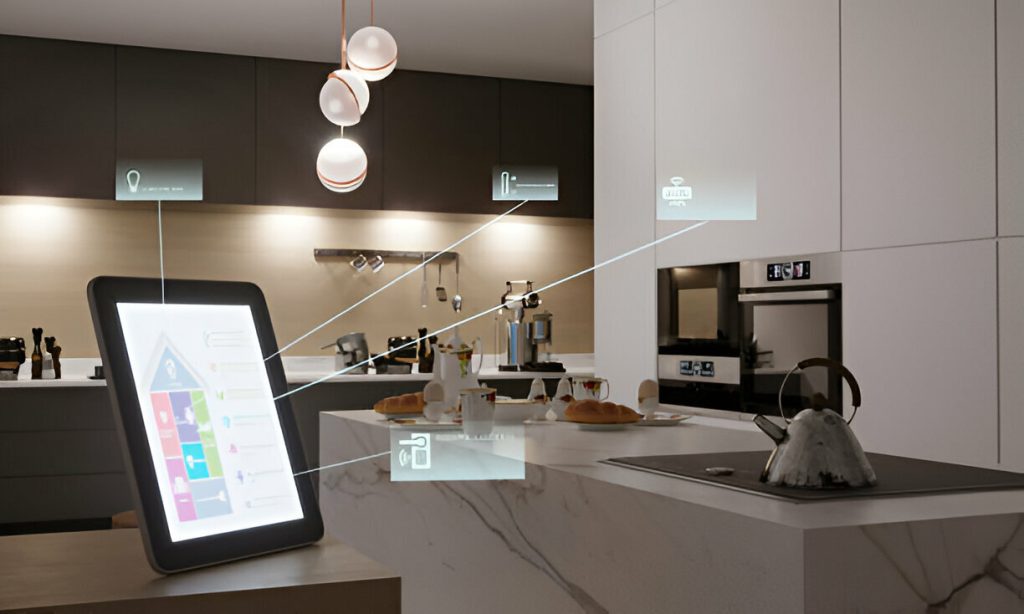 A modern kitchen featuring a digital control screen on a marble island, pendant lights, and smart appliances indicated by icons floating around the space, all seamlessly integrated with Smart Home Technology.