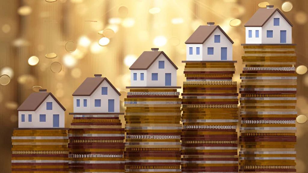 Five stacks of coins with small house models on top, arranged in ascending order against a sparkling background, symbolize the influences of rental market fluctuations.