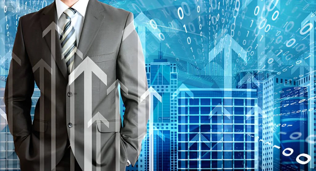 A person in a suit stands in front of a digital background with skyscrapers and upward-pointing arrows, illustrating growth and progress within property management services.