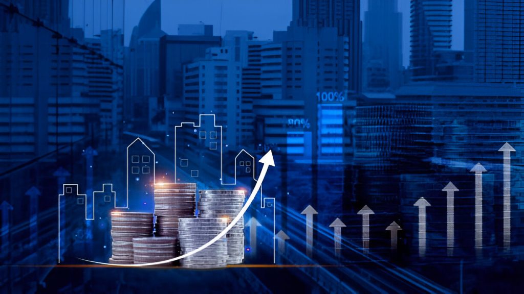 Stacks of coins with an upward arrow overlay on a cityscape background, depicting financial growth and urban development powered by property management services.