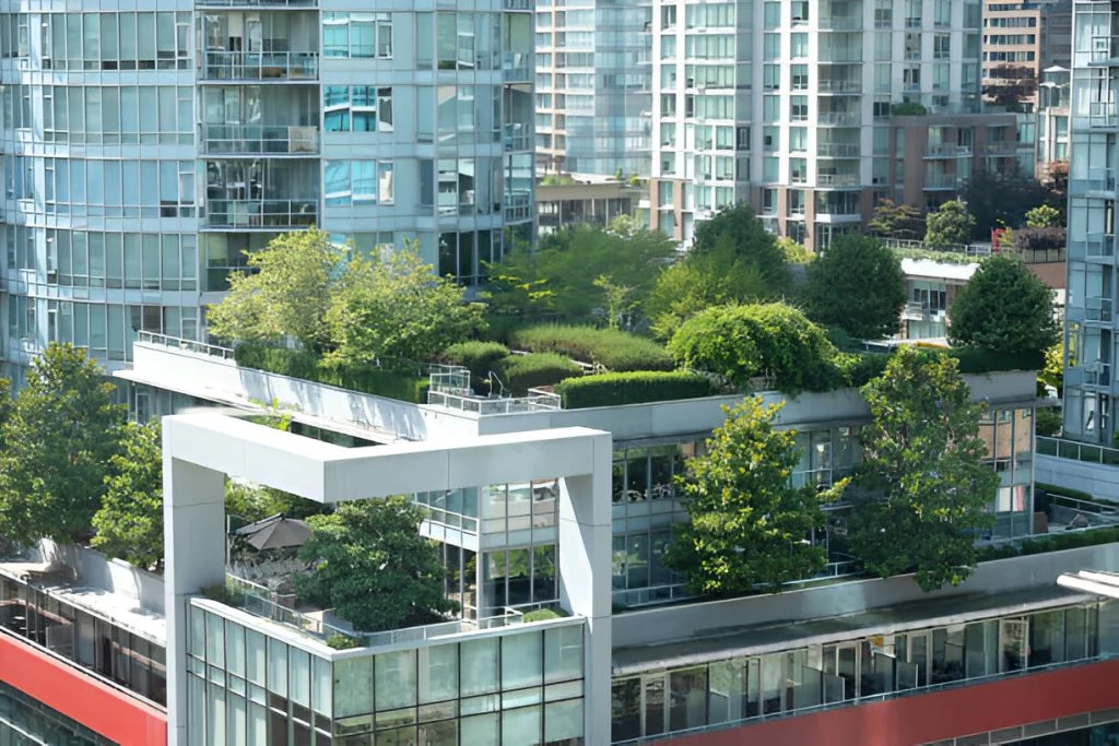 View of modern high-rise buildings with a rooftop garden featuring lush greenery and trees, managed by top-tier property management in Hamilton. Some terraces and balconies are visible in the mid-ground.