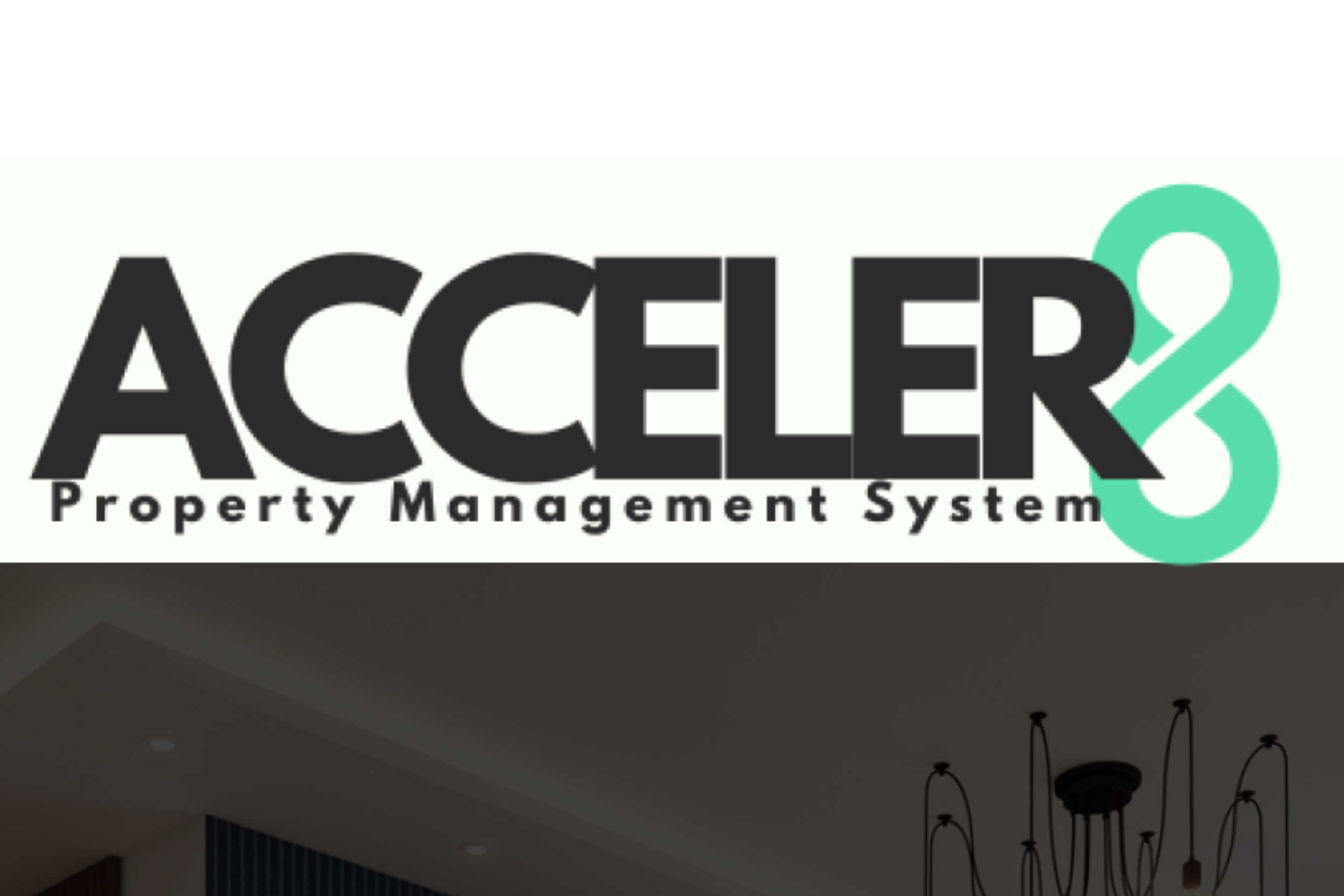Logo of ACCELER8 with the text "Property Management System" underneath, seamlessly integrating a stylized infinity symbol in teal. This emblem is set to become a hallmark for company_property_management_hamilton2024.